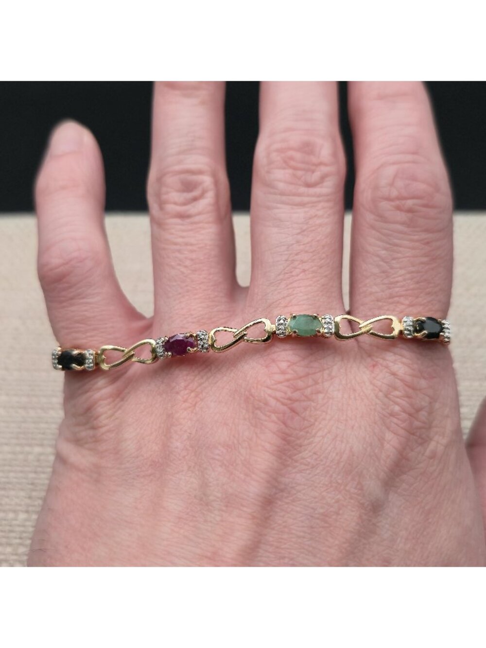 7 Inch Sterling Silver Multi Gemstone Infinity Link Bracelet Ruby Emerald Sapphi